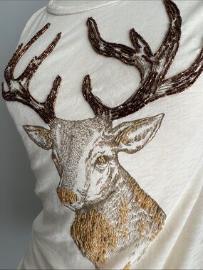 J. Crew Graphic Beaded Deer Tee - Cream, Size M